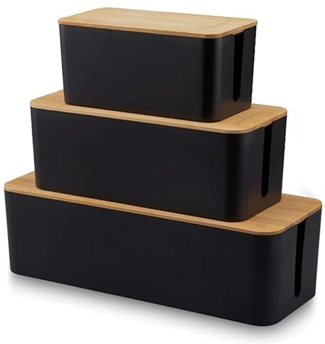 BUDDLEY Kabelbox Bambus (Set), Kabelaufbewahrungsbox Steckerleiste, Kabelmanagement, Kabelorganisation Schreibtisch, Kabelbox Steckerleiste, CableBox (Schwarz)