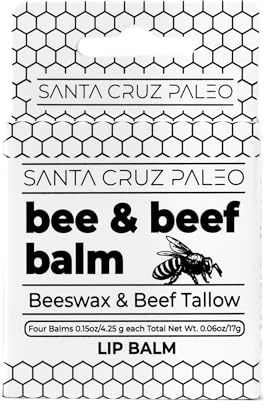 Santa Cruz Paleo Grass Fed Beef Tallow & Beeswax Lip Balm, 1 Pack, Beef Tallow for Skin Care Moisturizer, Hypoallergenic for Sensitive Skin, Long Lasting & Vitamin Rich, Unflavored