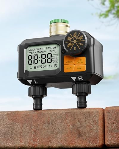 DEWENWILS Bewässerungscomputer 2 Ausgänge, Programmierbare Bewässerungssteuerung mit Messingeinlass, Regenverzögerung, manuelle/automatische Bewässerungsuhr, LED Display, für Garten Balkon Terrasse