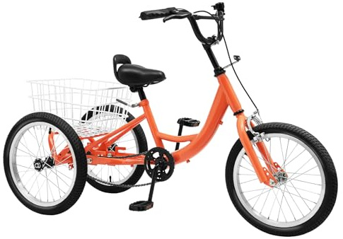 16 inch Single Speed Kids Tricycle, Children's Bike 3 Wheel with Rear Basket, Adjustable Handlebar and Saddle, Anti-slip for 7-10 Year Old Children, Light Orange