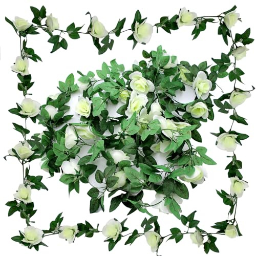 Aimeke 2 Pezzi Ghirlanda Fiori Rose Artificiali Vite Finte Rose Fiori 2 × 2.3 m Piante Artificiali Rampicante per Nozze Giardino Recinzione Decorazione (Bianco)