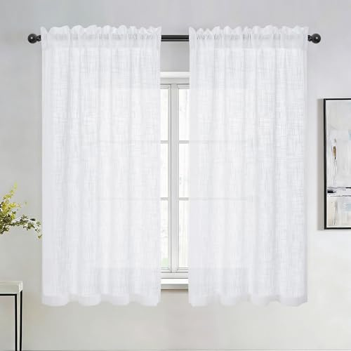 DWCN Vita fönstergardiner linneutseende gardiner halvtransparenta gardiner korta 2 stycken H 145 x 140 cm, moderna fönstergardiner för köksgardiner, husvagn, skåpgardin, vardagsrum, bistrogardin