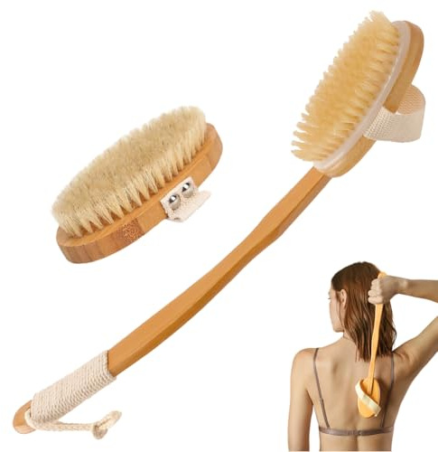 51 cm, spazzola da doccia per la schiena, con manico lungo, rimovibile, setole naturali, spazzola lunga per il corpo, spazzola a secco, per massaggio, rimozione della pelle morta, cellulite