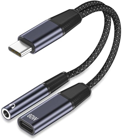 2 en 1 Adaptador USB C a Jack 3.5mm, Adaptador Tipo C a Jack 3,5mm y Divisor Carga Rápida 60W,Conector de Audio Auxiliar USB C to 3.5 para iPhone 17 16 15 Pro,Sumsung S24/S23/S22/S21, Pixel 9 8 7