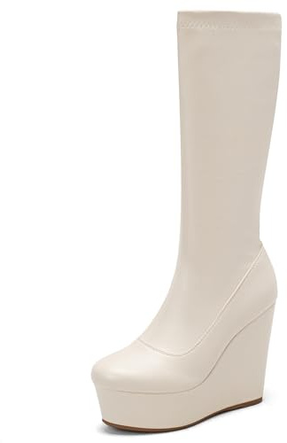Gicoiz Mujer Tacón Alto de Cuña Plataforma Botas Elásticas Punta Rojoonda Sin Cordones Invierno Elegante Punta Rojoonda Moda Botín Beige Talla 36 EU