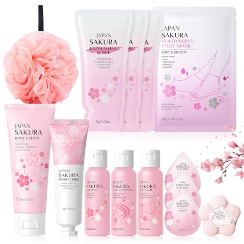 Set Bagno Donna Confezione Regalo, 14PCS Set Bagnoschiuma Regalo donna, Sakura set bagno donnas, Include Shampoo, Crema Corpo, Balsamo Capelli, Crema Mani, Maschera Piedi, Scrub Corpo