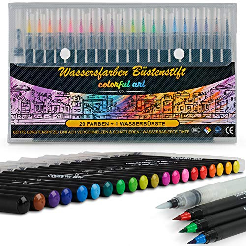 Colorful Art Co. Künstler Aquarell Pinselstifte, 20 Farben Aquarell Pinselstifte Set, Watercolor Brush Pen mit weichen & flexiblen echten Pinselspitzen - zum Malen Ausmalen Zeichnen Basteln