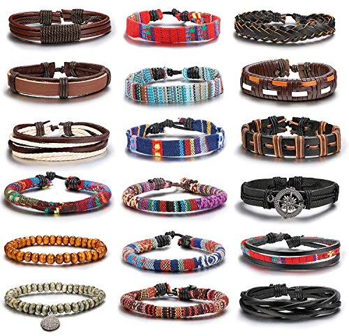 Finrezio 18 Pcs Braided Bracelet Set Men Beads Leather Wristbands Boho Ethnic Bracelet Tribal Hemp Cords Wrap Bracelets