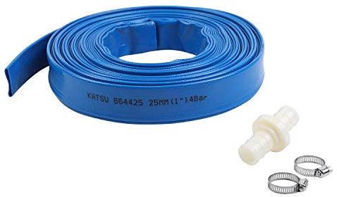 KATSU Layflat Tuyau de Refoulement 20 m x 25 mm, avec 2 Clips et Connecteur, Convient aux Pompes Submersibles et Pompes à eau pour étang de Drainage, Irrigation de Jardin, Piscine, Bleu 664425