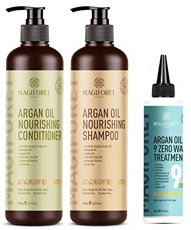 MagiForet Argan Oil Shampoo + Conditioner + Hair Treatment Set (2 x 500 ml + 200 ml) - Organic Sulfate Free, Paraben Free Gentle on Curly & Color Treated Hair, For Men & Women