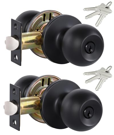 Lanwandeng Paquete de 2 pomos de puerta de entrada con cerradura y llaves, todos iguales, pomos de puerta interior/exterior para dormitorio o baño, cerraduras de puerta de entrada color negro mate