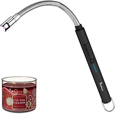 SUPRUS Accendicandele ricaricabile, accendino ad arco elettrico, triplo accendino di sicurezza, alloggiamento in acciaio inox e gancio di sospensione con collo flessibile a 360° (nero)