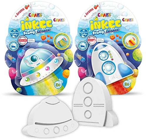 INKEE FOAMY SPACE | 2er Pack Kinder Badebomben mit Erdbeer-Duft, Badekugeln im Rakete oder Raumschiff Form, mehrfarbigen Schaum