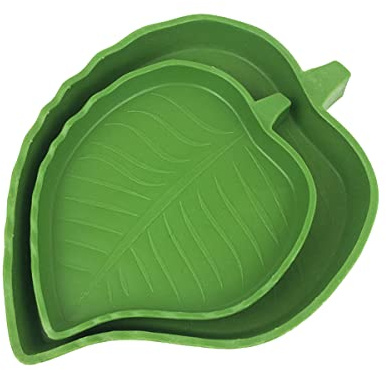 Jagowa Leaf-Shaped Reptile Food & Water Bowls - Set of 2, 2-Sizes, Plastic Feeder & Drinking Bowls for Moriya Corn Snakes & Crawling Pets in Green