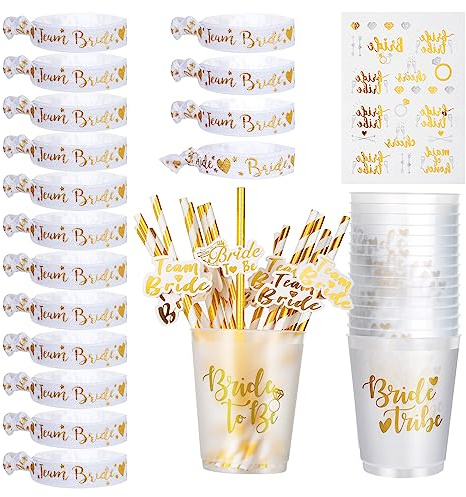 16 JGA mugg tillbehör set för kvinnor kvinna, guld bride tribe plastkopp kopp kopp med sugrör, team bride brud armband bride To be tatuering dekoration tillbehör för svensexa