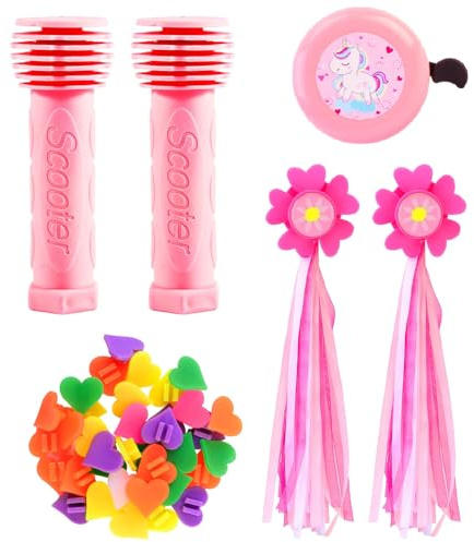 Bike Accessories for Kids Girls,Kids Scooter Handle,Bike Streamers,Spoke Beads and Bike Bell Bike Decorations Set,Bike Hand Grip,Girl Bicycle Tassels Ribbons,Unicorns Bells with Wheel Spokes Beads