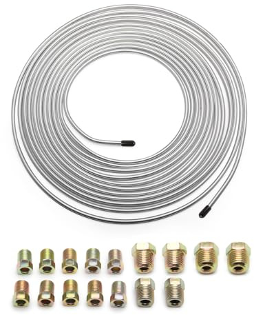 25Ft of 3/16 Zinc Plated Copper Brake Line Kit - Includes 16 Inverted Flare Fittings - Universal Copper Coil Brake Line Repair Kit for Car,Home,Industrial (Silver)