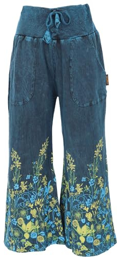 GURU SHOP Palazzohose, Boho Baumwollhose, Hosenrock mit Blüten, Schlaghose - Blau, Damen, Size:L