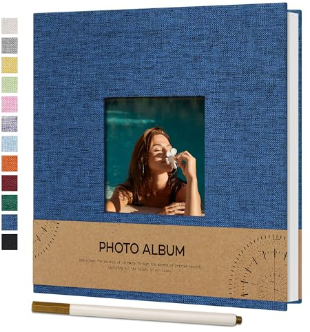 Vienrose Album Fotografico Autoadesivo con Finestra di Visualizzazione 10 x 15, Piccolo Album Scrapbook con Copertina in Lino 40 Pagine Bianche con Penna in Metallo,17x18 cm Blu navy