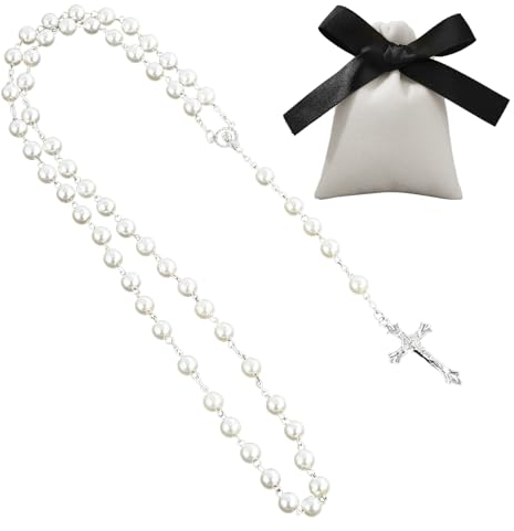 SOETDERT Rosenkranz Kommunion Halskette, Katholisch Perlen Kreuzkette mit Schmuckbeutel, Kreuz Gebetskette Christlich, Retro Rosenkranz Halskette Geschenke für Männer Damen (Weiß)