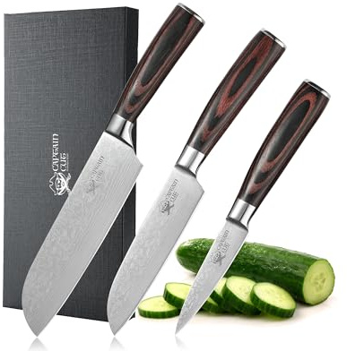 Captain Cut 3 teiliges Messer-Set I Küchenmesser Set mit scharfen Klingen von 17 bis 9 cm Länge I Hochwertiger Edelstahl mit Damastmuster und Pakkaholzgriff I Scharf und langlebig in Geschenkbox