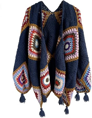 Cardigan da donna fatto a mano all'uncinetto con frange a maniche lunghe poncho mantello scialli avvolge maglione cappotto quadrato nonna, Blu, Taglia Unica