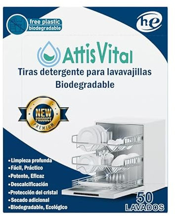 Detergente Lavavajillas Ecológico en Tiras AttisVital – 50 Lavados –Vegano, Biodegradable – Sin Plástico, Fosfatos ni Cloro – Limpieza, Abrillantado y Antical