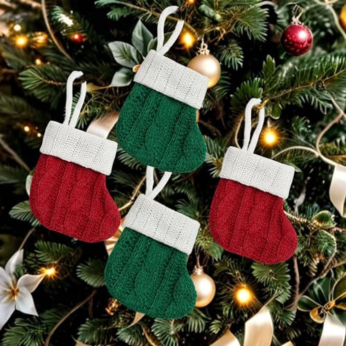 POPOYU 4Pcs Mini Christmas Stockings,4.3inch Knit Xmas Stockings,2 Pairs Red&Green Small Bulk Christmas Socks Hanging Decorations,Christmas Tree Ornaments,Family Holiday Party Decor Supplies