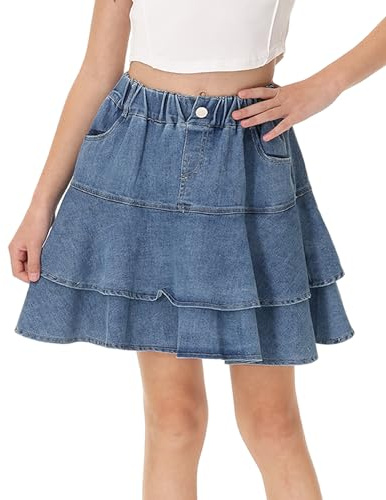 Citridarll Girl's Pleated High Elastic Waist Short Denim Skirt Summer A Line Flared Mini Denim Skirts with Pocket, 150, 10-11 Years, Blue