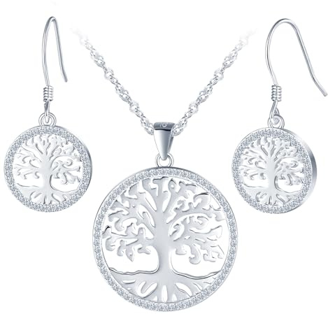 Yumilok 925 Sterling Silver Tree of Life Necklace for Women Zirconia Tree of Life Silver Stud Earrings for Women Girls