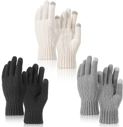 ViEinkaufen 3 Pairs Thermal Touch Screen Gloves for Women Warm Knitted Winter Gloves Elastic Touchscreen Glove for Running Working Driving Outdoor Activities,Black,White, Gray