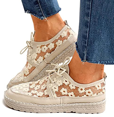 Hsternexy Scarpe da donna piatte – Pizzo Dirndl Trachten Sneaker in rete traspirante scarpe estive bianche da sposa scarpe da tennis sportive scarpe da ginnastica, B05 Beige, 40 EU