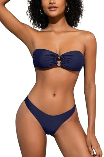 SHEKINI Traje de baño de dos piezas para mujer, con anillo en O, sin tirantes, bikini bandeau para mujer con parte inferior sexy de corte alto y atrevido, traje de baño brasileño de playa, azul oscuro