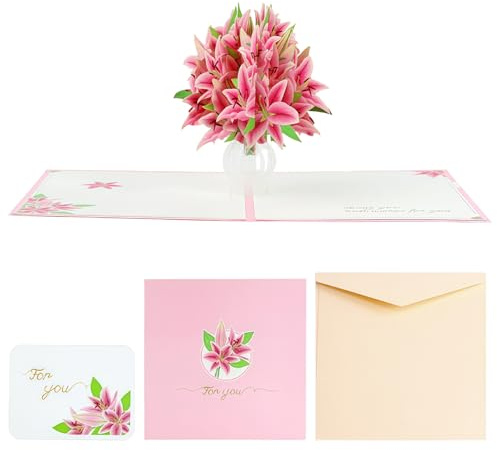 Biglietto Compleanno Pop-Up Giglio Rosa, Biglietto d'Auguri 3D a Forma di Bouquet di Fiori, Idea Regalo per Festa della Mamma e Anniversari
