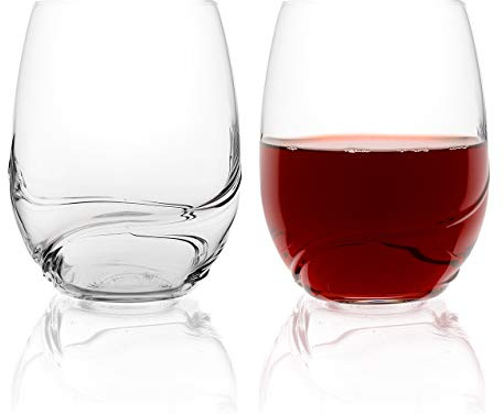 Bar Amigos Stemless Bohemian Crystal Wine Glasses Turbulence Deluxe Decanting Special Unique Wave Shaped Design for Better Aeration 500ML / 17.6 Ounce | Set of 2