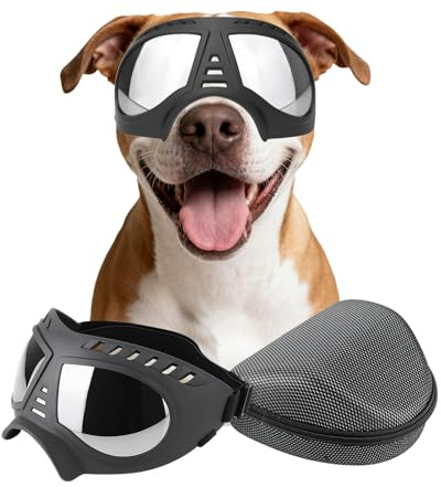 PETLESO Large Dog Goggles, Windproof Snowproof Anti-UV Dog Sunglasses for Medium to Large Breed Eye Protection, Soft Frame with Adjustable Straps, Black