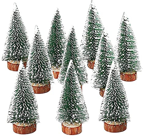 10 Stück Mini Grün Tannenbaum Mini Weihnachtsbaum Desktop Weihnachtsbäume Gefrostete Sisalbäume mit Holzbasis Naturgetreuer Christbaum mit Schnee-Effek für Tischdeko, DIY Weihnachtsdeko, Schaufenster