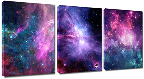 BLUE RED CYAN Outer Space Wall Art Posters/ Nebula Framed Modern Poster for Room Decor/ 3 Pcs Milky Way Paintings Pictures / Universe Galaxy Canvas Prints Ready to Hang Living Teens Boys