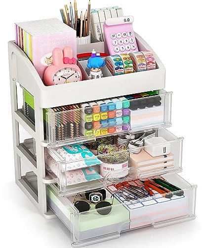Desk Organizer with Drawers, 3 Drawers Storage Organizer, Desktop Storage Drawers for Office/School Supplies, Plastic Stationary Makeup Organizer, Desk Storage Box for Office, School, Home