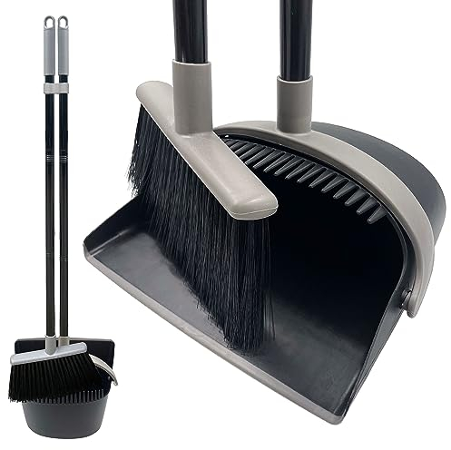 Long Handled Dustpan and Brush Set – Broom and Dustpan Set Reduce Bending Tall Lobby Dustpan and Sweeping Brush (Black & Grey)