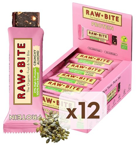 RAWBITE Protein Riegel Crunchy Almond mit 21g Eiweiß I High in Protein I 12 Bio Proteinriegel in Vorteilsbox I mit Reisprotein, Datteln, Mandeln, Kürbiskernen & Kakao I 12 x 45g