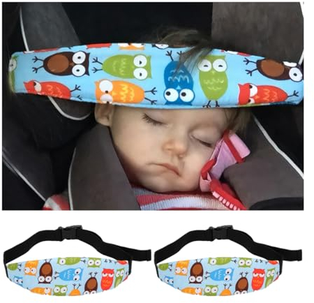 JNNJ 2 Stück Kopfhalterung Kindersitz, Kinder Stirnband Auto Schlafen, Kinderwagen Autositz Schlafen Kleinkind, Verstellbare Kindersitz-Kopfstütze(Blaue Eule)