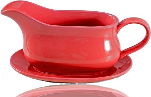Gravy Boat & Saucer, 15 oz, Ceramic Serving Dish, Dispenser with Tray for Sauces, Dressings and Creamer, Large Handle, Microwave and Dishwasher Safe (Red)