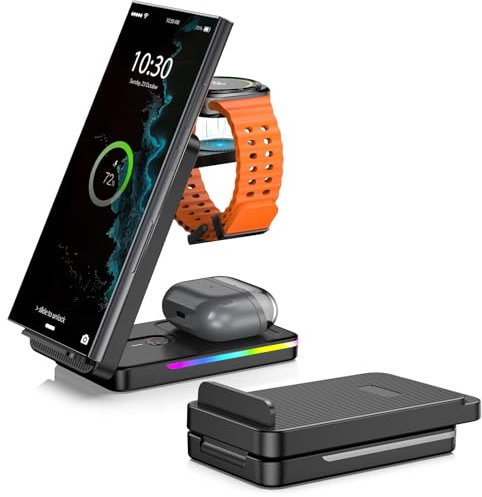 Wireless Charger for Charging Station, Foldable Travel Wireless Charger Samsung for Galaxy S25 Ultra/S24 Ultra/S23/Z Flip 6, for Samsung Galaxy Watch Ultra/7/6, Galaxy Buds 2