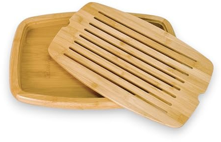 Tabla para Cortar Pan de Bambú, con Bandeja recogemigas, Robusta y Resistente, 8 Canales horizontales, Madera, Beige, 39x26x3cm