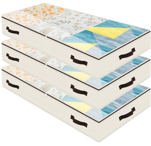 Amonsen 3 bolsas de almacenamiento para debajo de la cama de tamaño king o reina, tela resistente con tapa transparente y 4 asas, color beige