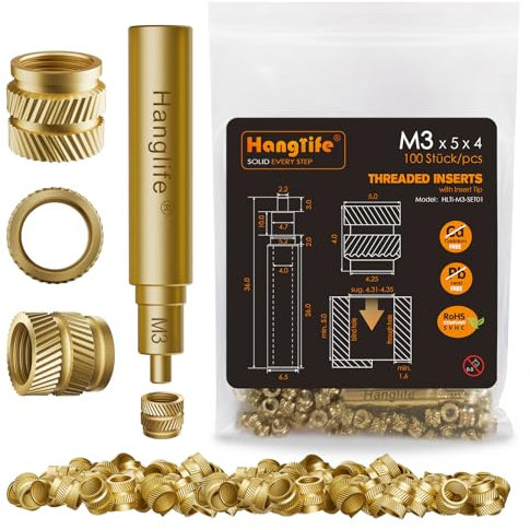 HANGLIFE M3 Insertos Roscados de Ajuste Térmico con Puntas Soldador, Insertos de Tuercas para Componentes de Impresión 3D y Piezas de Plástico - Tuercas Moleteadas Métricas de Latón (100 Piezas)