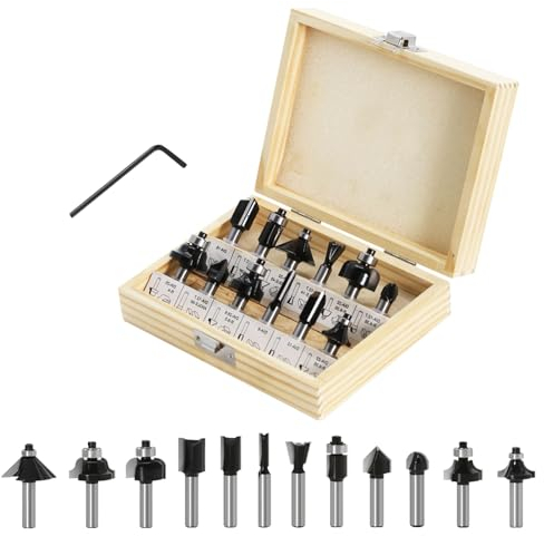 iDMRURvm 12tgl Fräsersatz Set für Holzbearbeitung 6mm Nutfräser Profilfräser für Oberfräse Holzfräser Fräser Bit Set mit Schraubenschlüssel (Schwarz)