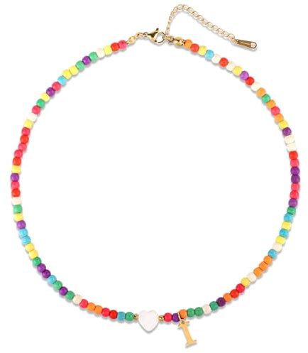 Mikovivi Initial Beaded Necklace, Colorful Cute Beaded Necklace with Heart Shells Stylish Letter Pendant Necklace Handmade Personalized A-Z Gifts for Women Girls (Letter I)