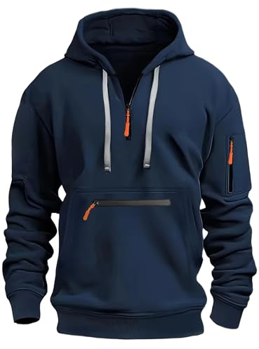MakingDa Maglione da uomo con cappuccio con cerniera 1/4, tasca con cerniera, coulisse, pile, maniche lunghe, tuta da allenamento, top, polsino, maglietta da indossare sopra la testa, con cappuccio